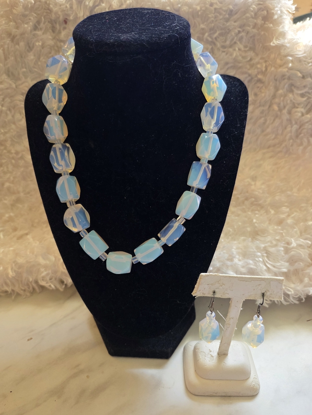 Opalescent White Beaded Necklace and Earring Set